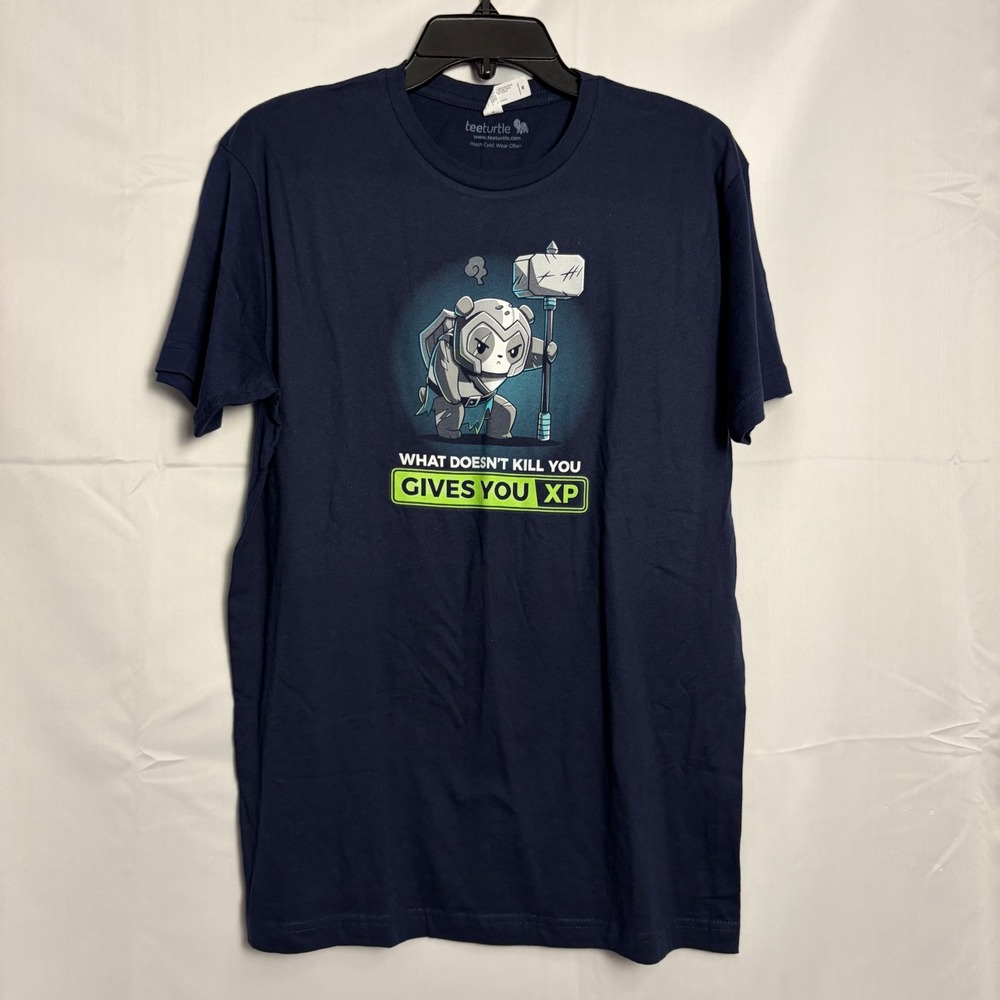 TeeTurtle Panda Warrior Hammer XP Gamer Graphic T-Shirt Navy Blue Mens M